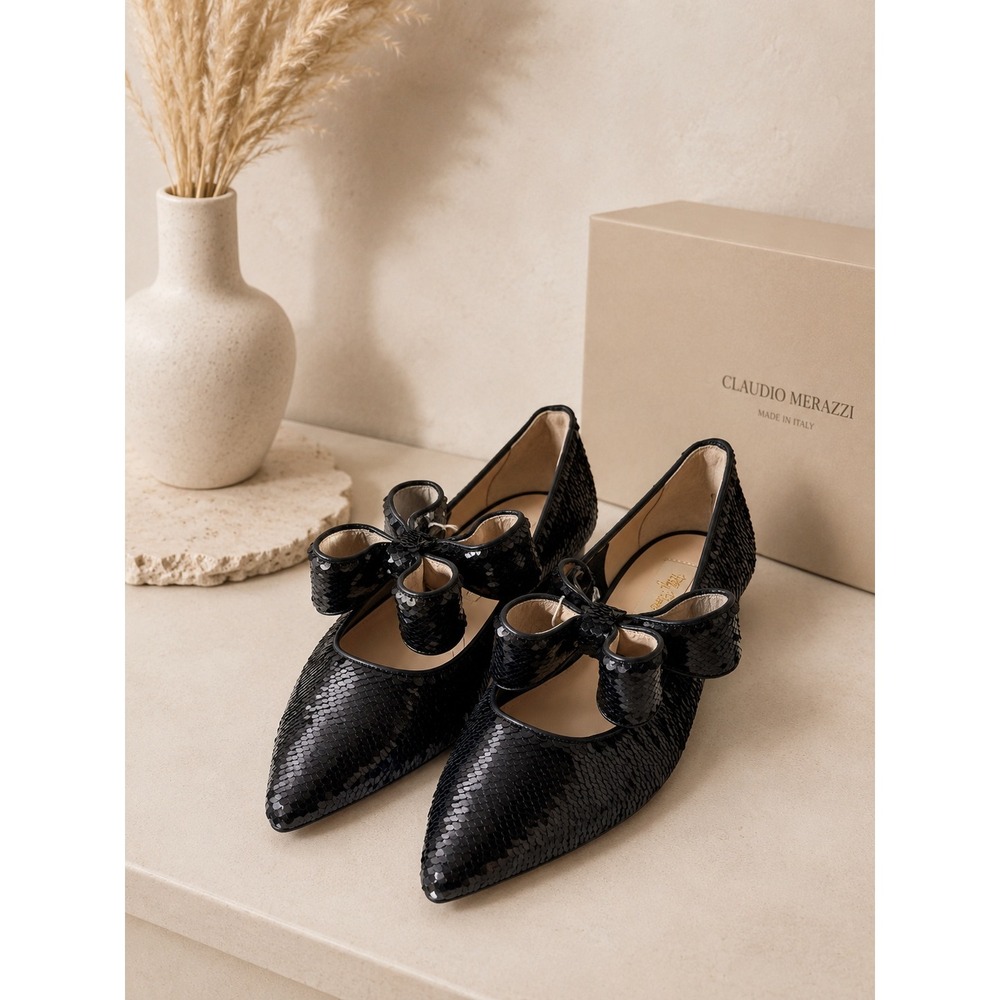 Polly Plume Bonnie Black Sequin Pointed Toe Bow Flat Made in Italy Size 40 Women